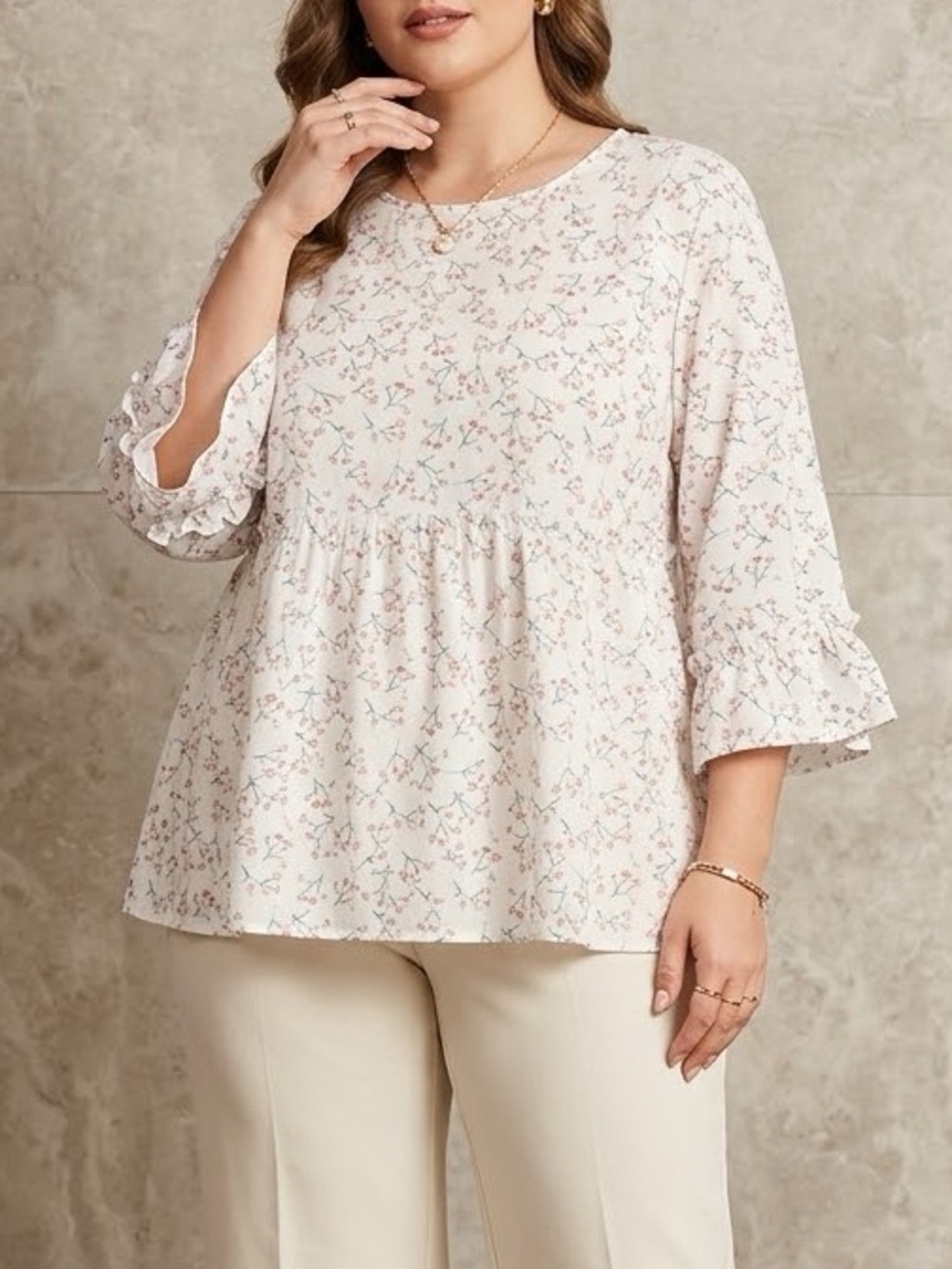 Cellabie Floral Babydoll Blouse White Pink Ruffle Sleeve‎ Cotton Blend 2XL
